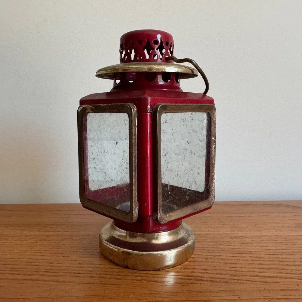 Vintage Red Metal and Brass Glass Pane Lantern Candle Holder Made in Hong Kong